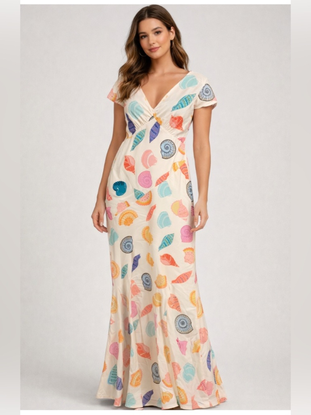 Seashell Print V-Neck Maxi Dress in Cream with Pastel Shells